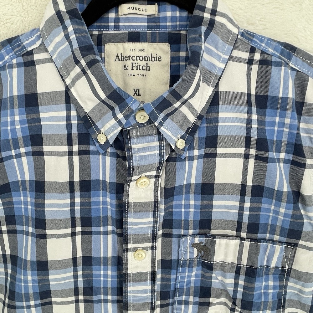 Abercrombie & Fitch Muscle Fit Plaid Button Up Shirt Men's XL Blue White